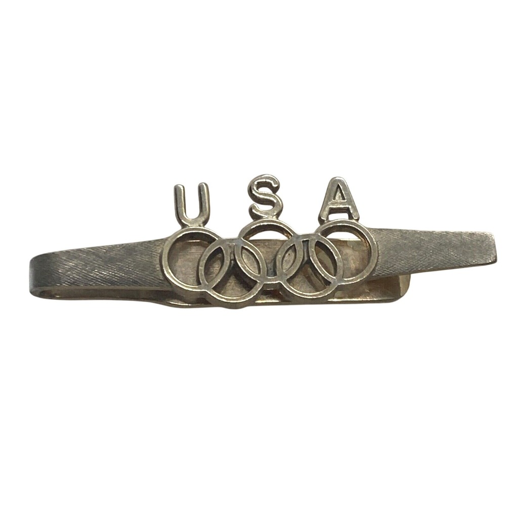 Vintage Dante USA Olympics Tie Bar Gold Tone Metal Retro Minimalist Mens